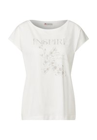 Hvid kortærmet t-shirt med scoop-udskæring. Har "INSPIRE" i fed tekst og blomsterdesign i lys grå på forsiden.