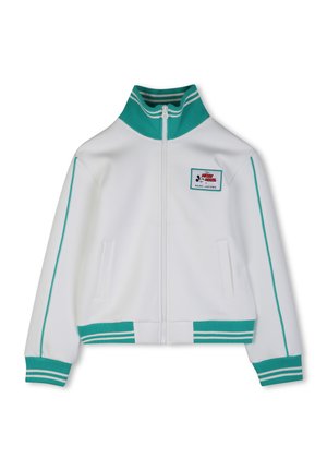 Veste blanche à fermeture éclair avec accents turquoise, col, poignets et ourlet côtelés. Comprend des poches latérales et un écusson logo sur la poitrine.