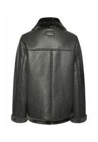 Giacca di pelle verde scuro con collo e polsini in shearling, caratterizzata da una cucitura verticale sul retro e un'etichetta rettangolare sul colletto.
