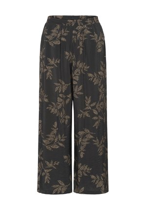 Schwarze, weit geschnittene Hosen mit goldenem Blattmuster. Sie verfügen über einen elastischen Bund und eine fließende, weiche Textur. Geeignet für die Freizeit.