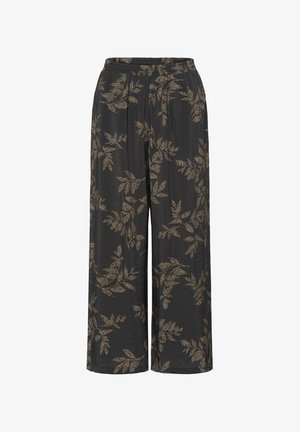 Schwarze, weit geschnittene Hosen mit goldenem Blattmuster. Sie verfügen über einen elastischen Bund und eine fließende, weiche Textur. Geeignet für die Freizeit.