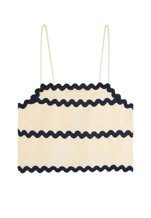 Aftappet tanktop i creme med navyblå bølgede kanter. Justerbare spaghettistropper og glat stofstruktur. Enkel, moderne design.