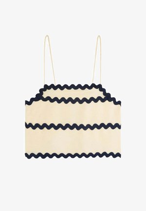 Aftappet tanktop i creme med navyblå bølgede kanter. Justerbare spaghettistropper og glat stofstruktur. Enkel, moderne design.