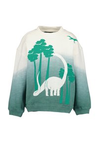 Felpa verde e bianca con un dinosauro circondato da alberi, con un design a gradiente che va dal verde chiaro al verde scuro.