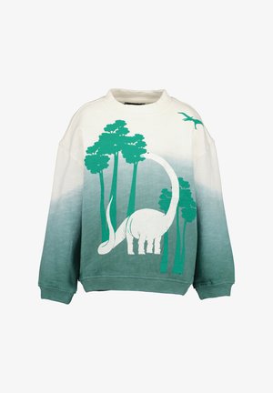 Sweatshirt vert et blanc avec un dinosaure entouré d'arbres, présentant un dégradé de couleurs allant du vert clair au vert foncé.