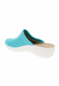 Zuecos azul claro de plástico moldeado, con perforaciones, punta redondeada y una suela blanca, ligeramente elevada.