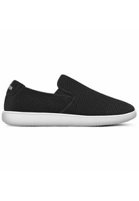 Schwarze Slipper aus strukturiertem Mesh mit einer weißen Gummisohle. Verfügt über ein minimalistisches Design und elastische Seitenpanels für ein einfaches An- und Ausziehen.