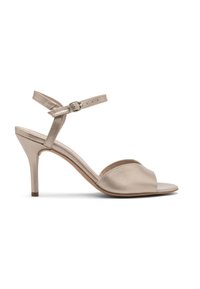 Beige High-Heelsandal mit offener Zehe und breitem Vorderriemen. Verfügt über einen verstellbaren Knöchelriemen mit einer Metallrahmen. Glatte Lederstruktur.