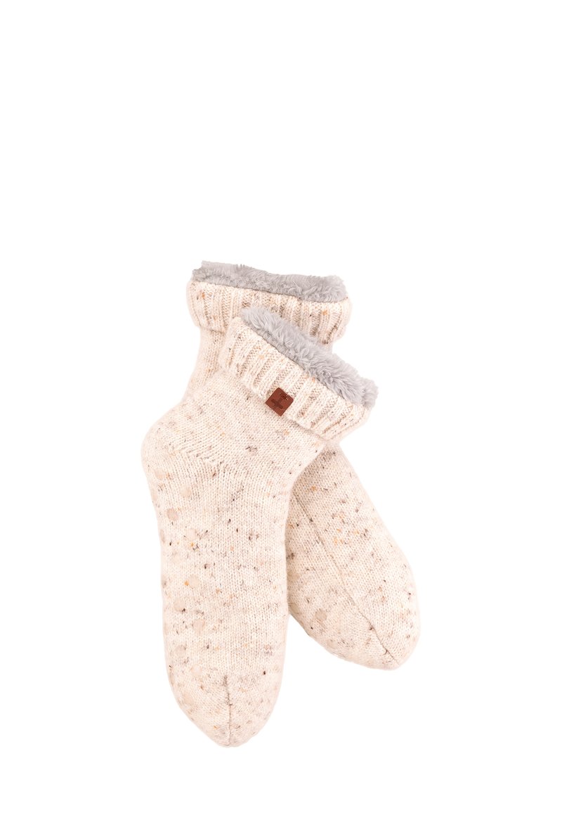 Knit socks in a cream color with a textured pattern, featuring a fluffy gray cuff and a small brown label accent.