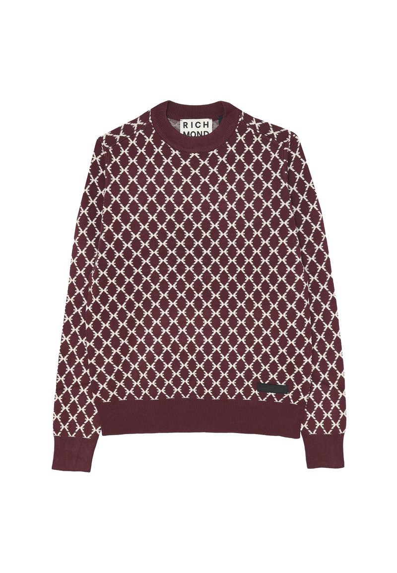 Maglione girocollo bordeaux con motivo a rombi bianchi, maniche e orlo a costine, e una piccola etichetta nera del marchio vicino all'orlo inferiore.