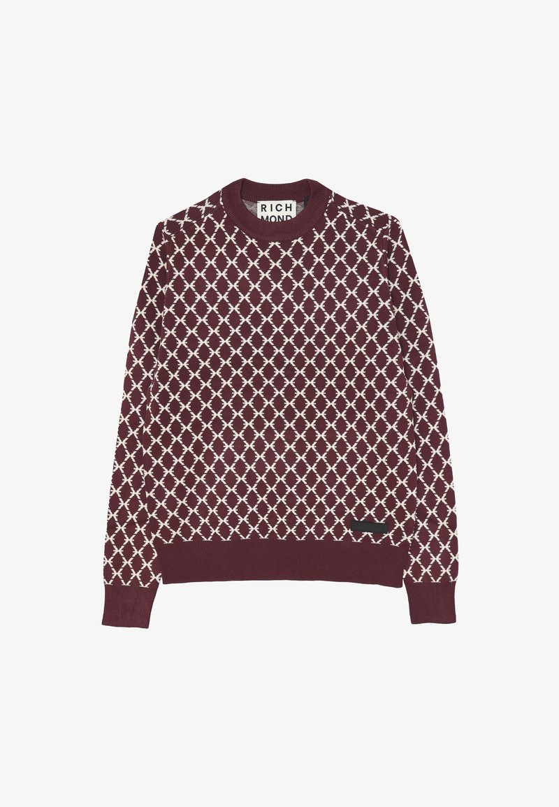 Maglione girocollo bordeaux con motivo a rombi bianchi, maniche e orlo a costine, e una piccola etichetta nera del marchio vicino all'orlo inferiore.