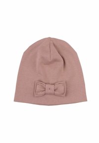 Berretto lavorato a maglia rosa con una texture liscia e un fiocco decorativo sulla parte anteriore. Il design è aderente, che si restringe verso la corona.