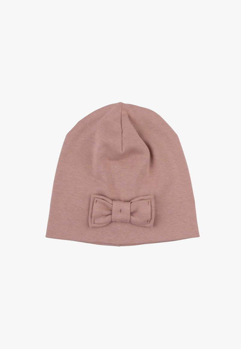 Berretto lavorato a maglia rosa con una texture liscia e un fiocco decorativo sulla parte anteriore. Il design è aderente, che si restringe verso la corona.