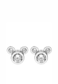 Orecchini a bottone argentati con impostazioni circolari decorate da tre strass trasparenti, in un design che ricorda le orecchie di Topolino.