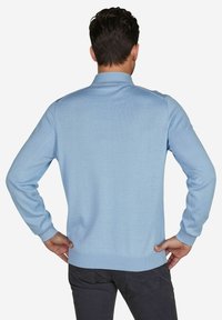 Hellblaues Strickpullover mit langen Ärmeln und Kragen. Mit gerippten Bündchen und Saum, sowie einer glatten Textur. Ansicht von hinten.