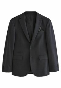 Dunkelgrauer Blazer aus strukturiertem Stoff, mit zwei Fronttaschen, einem einzigen Knopfverschluss und einem inneren gemusterten Futter.