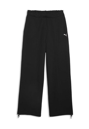 Zwarte wijde broek met elastische tailleband, klein wit Puma-logo op de heup en verstelbare koordjes aan de zoom.