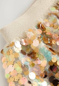 Des embellissements en sequins dorés et irisés sur une superposition en maille transparente, fixés à une bande de tissu texturée de couleur claire.