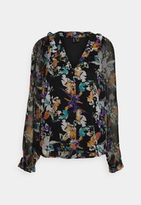 Blusa preta floral com mangas longas transparentes. Apresenta padrões florais vibrantes em roxo, laranja e teal. Decote em V com gola franzida.