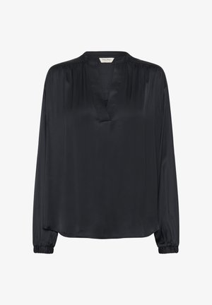 Črna bluza z dolgimi rokavi iz gladkega, satenastemu materialu z V-izrezom, nabranimi detajli na ramenih in elastičnimi manšetami.