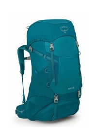 Teal Osprey ACE 38 rugzak met verstelbare banden, meerdere gespen en zijvak. Heeft een gebogen ontwerp en een gestructureerde stof.