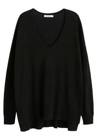 Pull noir oversize avec un décolleté en V profond et des manches longues. Fait en tissu doux, avec un ourlet côtelé et une texture subtile.