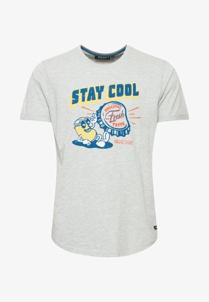 Hallhalli puuvillane T-särk lühikeste varrukatega, millel on koomiksitegelane ja tekst "STAY COOL" sinise ja kollasega, koos graafiliste aktsentidega.