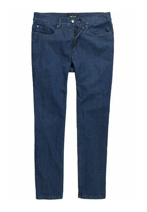 Jeans in denim di un colore blu scuro, con design classico, gamba dritta, stile a cinque tasche, chiusura con bottone e zip in metallo.