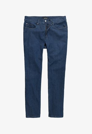 Jeans aus Denim in einem dunklen Blauton, mit klassischem Design, geradem Bein, Fünf-Taschen-Stil sowie Metallknopf- und Reißverschluss.