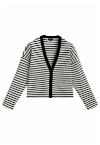 Cardigan rayé noir et blanc, avec un décolleté en V, des manches longues et une fermeture à boutons. Tissu en tricot texturé avec des bords contrastants.
