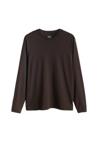 Pitkähihaiset ruskeat t-paita, valmistettu pehmeästä kankaasta, jossa pyöreä pääntie ja rento istuvuus. Ei kuvioita tai merkittäviä yksityiskohtia.