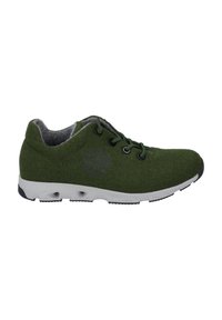 Sneaker verdi in feltro con punta tonda, lacci scuri e dettagli con logo. Presentano una suola in gomma bianca e una morbida fodera interna grigia per il massimo comfort.