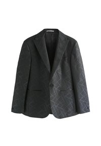 Schwarzer Blazer mit subtilen geometrischen Mustern, zwei Vorderaschen, Reverskragen und einem Ein-Knopf-Verschluss. Aus strukturiertem Stoff gefertigt.