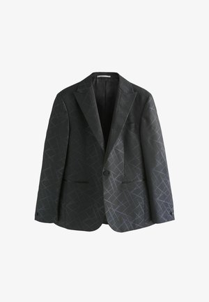 Schwarzer Blazer mit subtilen geometrischen Mustern, zwei Vorderaschen, Reverskragen und einem Ein-Knopf-Verschluss. Aus strukturiertem Stoff gefertigt.