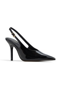 Černé lakované slingback lodičky s špičatou špičkou, jehlovým podpatkem a zlatým detailem sponky na nastavitelném popruhu.