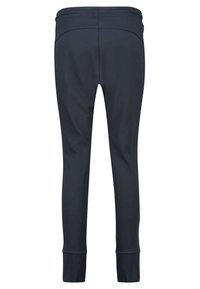 Dunkelblaue Sporthose mit passgenauem Design, glatter Textur, elastischem Bund und gerippten Bündchen an den Knöcheln.