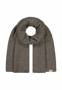 Brown knit scarf with a soft texture, featuring a circular design. Ends are finished with a subtle label on one side.
