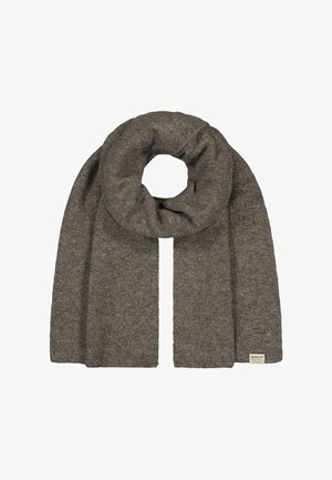 Brauner Strickschal mit weicher Textur, der ein kreisförmiges Design aufweist. Die Enden sind auf einer Seite mit einem dezenten Etikett verziert.
