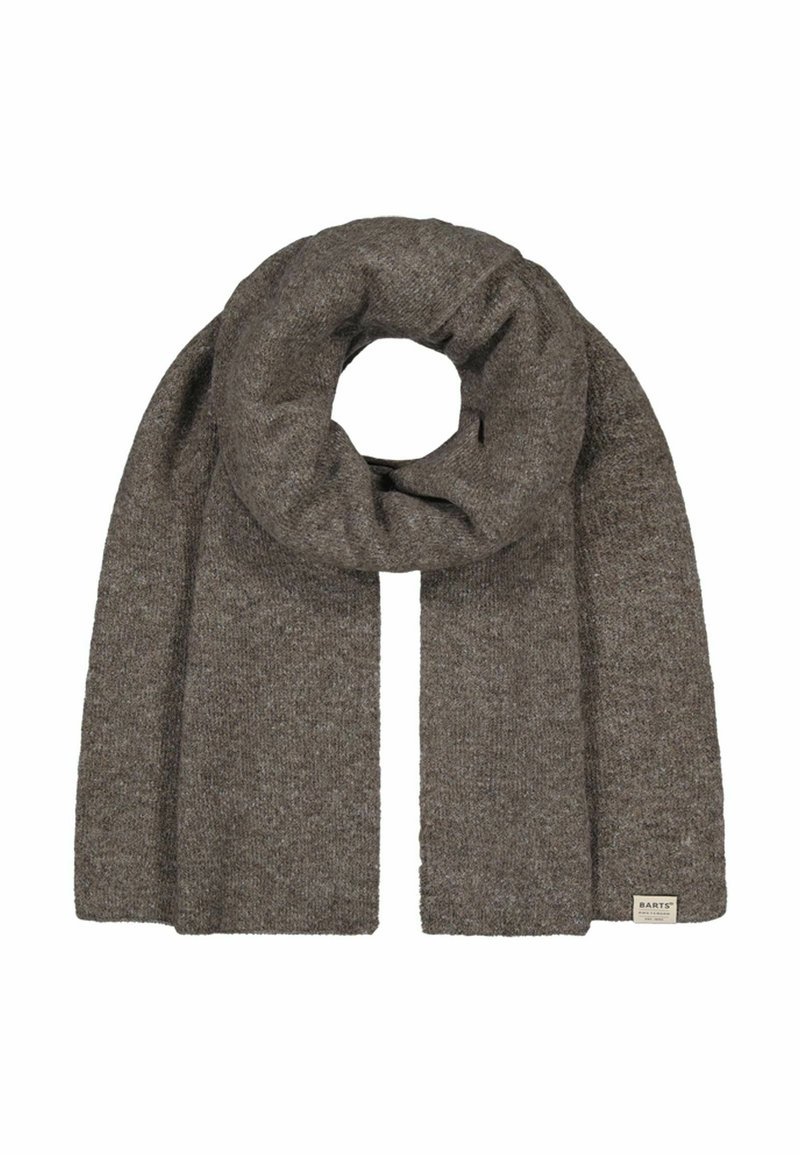 Brown knit scarf with a soft texture, featuring a circular design. Ends are finished with a subtle label on one side.