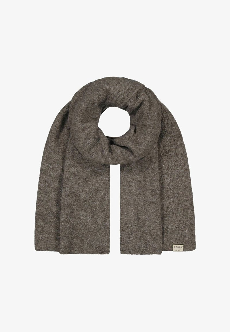 Brown knit scarf with a soft texture, featuring a circular design. Ends are finished with a subtle label on one side.