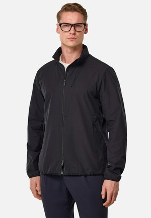 Black zippered jacket with a stand-up collar, two side pockets, and elastic cuffs. Lightweight fabric with a smooth, matte texture.