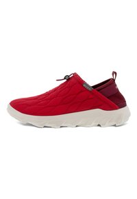 Red quilted slip-on shoe with a lightweight white sole, textured upper, elastic accent near the heel, and contrasting dark red at the back.
