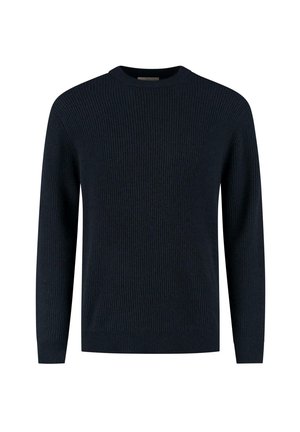 Granatowy prążkowany sweter z długim rękawem, okrągłym dekoltem, gładki wzór oraz dopasowane mankiety i dół.