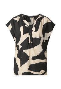 Top corto a maniche corte nero e beige con scollatura a V, caratterizzato da un motivo camuffato astratto e tre bottoni sul davanti. Tessuto di consistenza liscia.