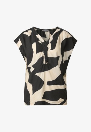 Zwart en beige kort mouwtop met een V-hals, voorzien van een abstract camouflagepatroon en drie knopen aan de voorkant. Soepele stofstructuur.