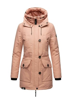 Veste matelassée rose clair avec capuche, dotée de boutons noirs et de deux poches avant. Cordon de serrage ajustable au col. Texture douce.