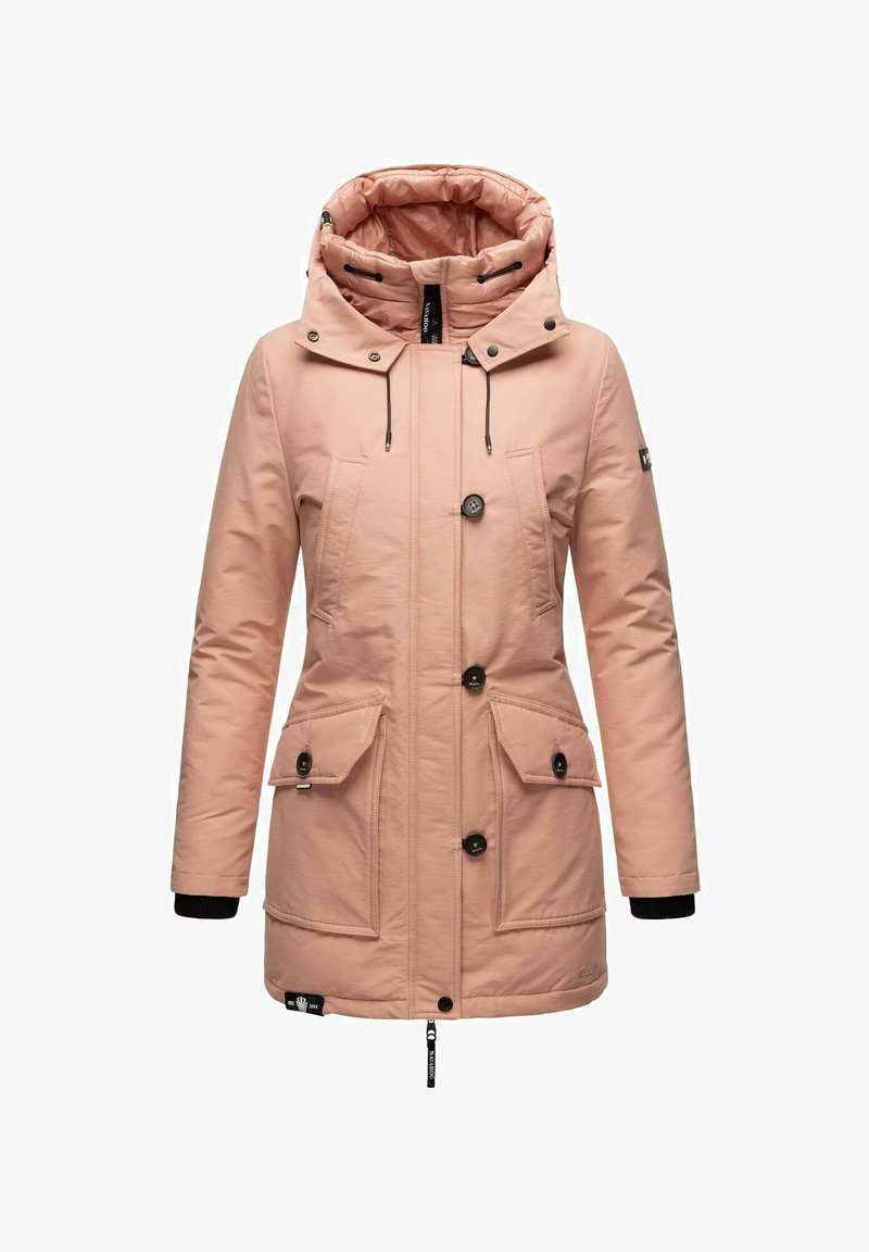 Lys rosa polstret jakke med hette, med svarte knapper og to frontlommer. Justerbar snor i kragen. Myk tekstur.