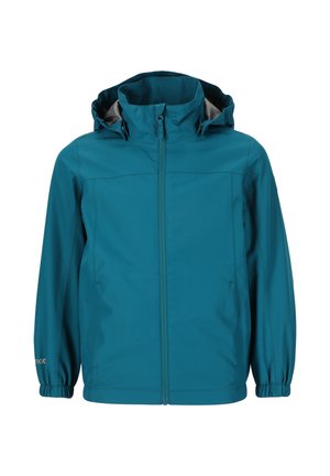 Türkise wasserdichte Jacke mit hohem Kragen, verstellbarem Kapuze und elastischen Bündchen; verfügt über einen Frontreißverschluss und zwei Seitentaschen.