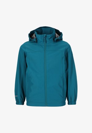 Vihreä vedenpitävä takki, jossa on korkea kaulus, säädettävä huppu ja elastiset hihansuut; varustettu edessä vetoketjulla ja kahdella sivutaskulla.