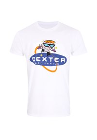 Hvid bomulds T-shirt med et grafisk motiv af en tegneseriefigur med orange hår, iført solbriller, og teksten "DEXTER BOY GENIUS" i blå.